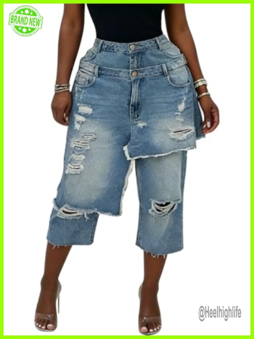 Seltaon Ripped Jean Capris Baggy High Waisted Wide Leg Cotton Blend Denim